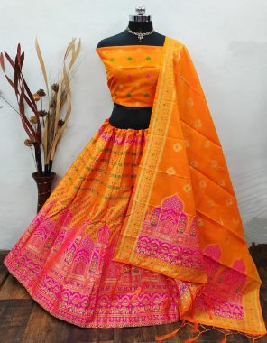 orange lehenga -pure banarasi silk with cancan inner semi stitch |blouse -pure banarasi silk |dupatta -pure banarasi silk fabric weaving jacqaurd   work festive  