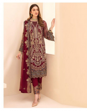maroon top -fox georgette embroidery seqeunce |sleeve -fox georgette |bottom +inner -santoon |dupatta -nazmin |length -44inch |size -max upto 48upto |type-semi stitched fabric embroidery seqeunce  work running  