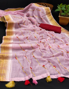 pink saree -soft cotton |blouse -banglori fabric embroidery  work casual 