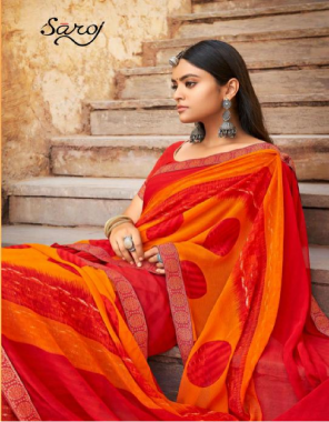 orange red georgette with lace |blouse -banglori silk fabric bandhani printed work party wear  