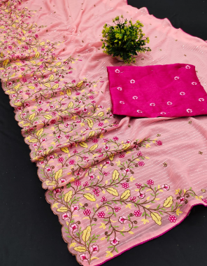 pink saree -georgette seqeunce embroidery |blouse -satin banglori silk 0.80m fabric embroidery seqeunce  work running  