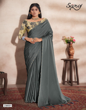 grey silky satin georgette base with swaroski border |blouse -silk brocade jacqaurd  fabric fancy work ethnic 