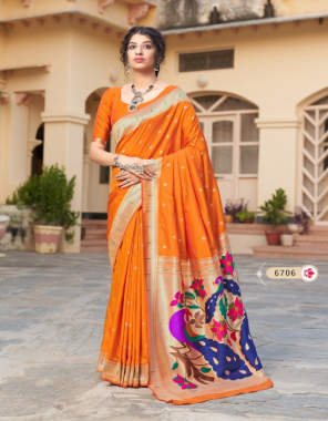 orange soft paithani silk fabric weaving jacqaurd  work casual 
