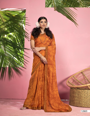 orange georgette fabric printed work ethnic 