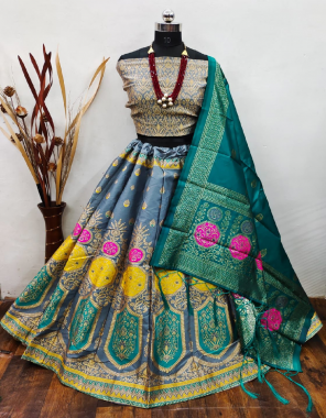 grey lehenga -pure banarasi silk with cancan inner semi stitch |blouse -pure banarasi silk 0.8m |dupatta -pure banarasi silk panna 44 fabric weaving jacqaurd  work wedding 