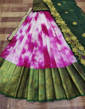 pink lehenga -kanjivaram border jute silk 3m |blouse -banglori 1m |dupatta -organza 2.20m fabric embroidery seqeunce  work running  