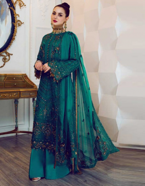 green top -georgette |sleeve -georgette |bottom +inner -santoon |length -46inch|size -max upto 50+|dupatta -nazmin |type -semi stitched fabric embroidery seqeunce stone work running  