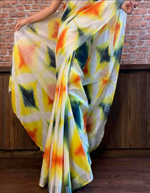 white yellow saree -cotton linen blend |blouse -banglori silk stitched free size upto 44 fabric printed work wedding  
