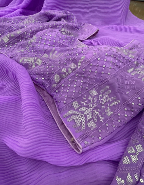 purple magic georgette crush pleated saree with designer seqeunce chikenkari full stitched blouse fabric chikenkari sequence  work wedding  
