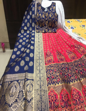 pink blue lehenga -brocade with cancan inner semi stitch length 42 |blouse -pure silk readymade free size upto 42 |dupatta -pure banarasi silk fabric weaving jacqaurd work ethnic 