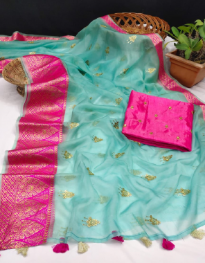 sky kanchipuram organza  fabric jacqaurd seqeunce butti work ethnic 