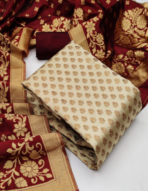 cream top-banarasi silk 2.40m |bottom -heavy silk 2.40m |dupatta -jacqaurd weaving 2.20m fabric weaving jacqaurd  work casual 