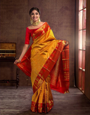 yellow red soft lichi silk fabric weaving jacqaurd work ethnic 