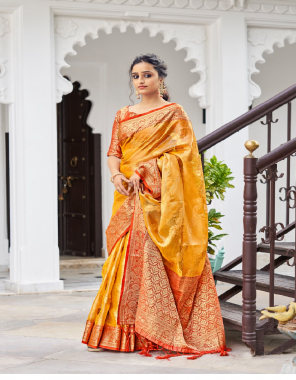 yellow red soft tissue silk with banarasi border  fabric banarasi border  work party wear  