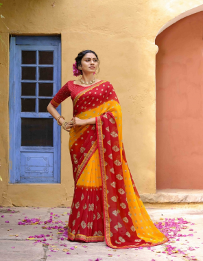 red yellow georgette  fabric printed  work wedding  