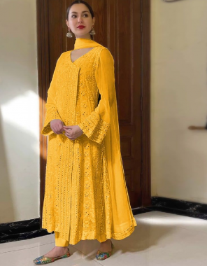 yellow top-georgette |sleeve georgette |bottom +inner-santoon |length -44|size -max upto 50 |dupatta -nazmin |type -semi stitched  fabric embroidery seqeunce  work casual 