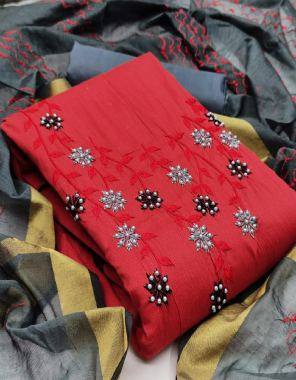 red top-long slub cotton |bottom -cotton |dupatta -chanderi with work fabric embroidery handwork work party wear  