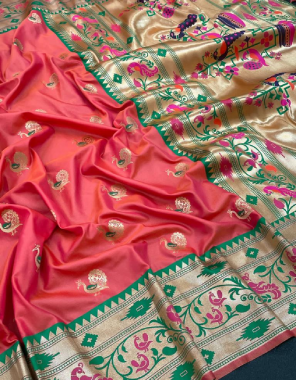 light red pure paithani silk fabric weaving jacqaurd  work party wear  