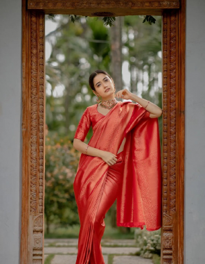 red pure soft banarasi silk fabric weaving jacqaurd  work ethnic 