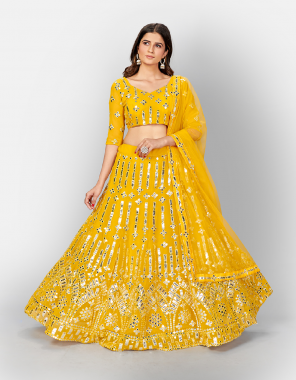 yellow soft net cotton viscose lining lehenga |blouse -1m |dupatta -2.5m fabric embroidery seqeunce  work ethnic 