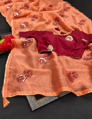 orange pure organza silk saree with readymade blouse size 40 upto 42 fabric multi seqeunce  work running 