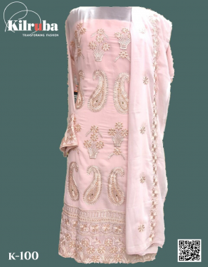 pink top -georgette |bottom + inner -santoon |dupatta -chiffon |type -semi stitched |size -fit upto 56 |length 44 fabric embroidery handwork work ethnic 