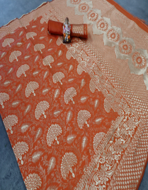 orange  soft lichi silk fabric weaving jacquard work running  