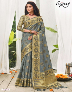 grey organza rich pallu with running blouse fabric weaving jacqaurd  work wedding  