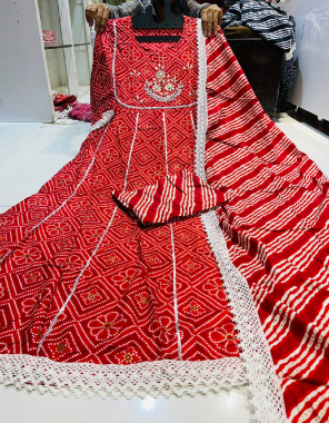red fancy kurti with bottom dupatta fabric gotta patti work work wedding 