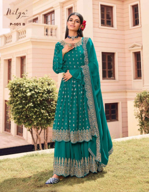 rama  top -heavy georgette length 47 flair  2.20m size 50inch  |palazzo-georgette length 44 flair 2.40m size 47 |dupatta -georgette 2.20m |type -semi stitched  fabric embroidery work festive  