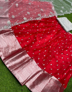 red lehenga -pure kanchipuram border 3m with inner semi stitched |blouse -satin 0.90m |dupatta -organza 2.30m fabric embroidery seqeunce work work wedding 