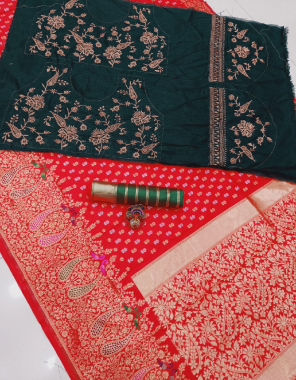 red saree -soft banarasi silk |blouse -1 phantom silk |2 heavy embroidery work fabric weaving jacqaurd  work casual 
