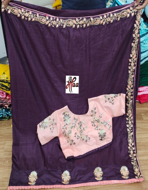 wine saree-pure dola silk |blouse -readymade free size 42 upto 44 fabric embroidery work work running 