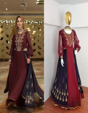 maroon gown -faux georgette embroidery coding dori embroidery work |inner-micro cotton |length 56 |flair 4m |type -full stitched size upto 42(xl) fabric embroidery coding dori work work wedding 