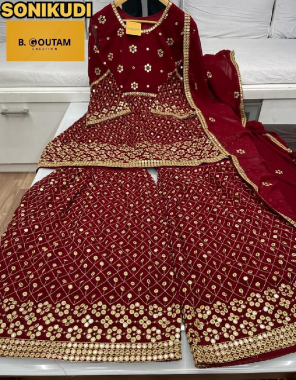maroon top-pure blooming georgette stuff |plazzo-pure blooming georgette |dupatta-heavy georgette four side lace |type -semi stitched fabric seqeunce embroidery  work running  