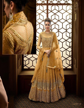 yellow top-heavy net with stone work |sleeve -net with stone work |inner +bottom -santoon |dupatta -net |top length max upto 54 |size max upto 44 |type -semi stitched fabric embroidery stone work  work festive  
