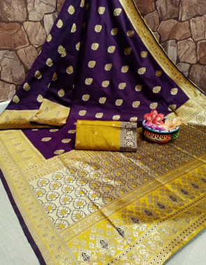 purple yellow soft lichi banarasi silk fabric weaving jacqaurd  work party wear  