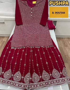 maroon top-blooming georgette |plazzo-blooming georgette (front & back full work) |dupatta -heavy chinon with four sided fabric embroidery work work ethnic 
