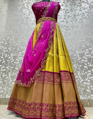 yellow pink lehenga -kanjivaram silk 3m |blouse -satin banglori 1m|dupatta -organza 2.20 fabric weaving jacqaurd  work festive  