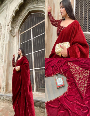 red pure velvet fabric embroidery work casual 