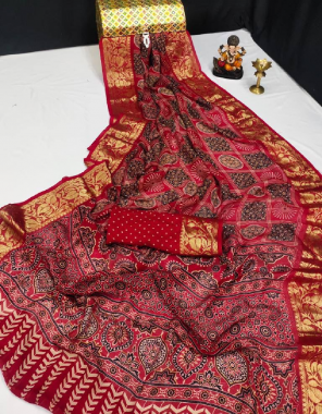 red  ajrakh art silk fabric weaving zari work ethnic 