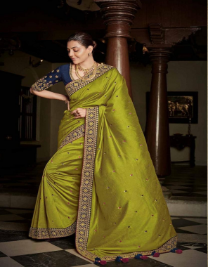 mehndi saree-royal vichitra silk |blouse -banarasi silk fabric embroidery seqeunce  work ethnic 