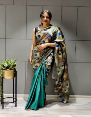green saree-half half duchess satin silk |blouse -banglori fabric printed  work running  