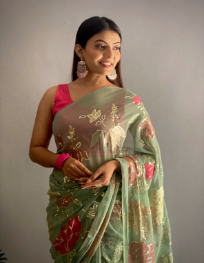 green pista saree-soft georgette |blouse -banglori silk fabric embroidery seqeunce work work wedding  