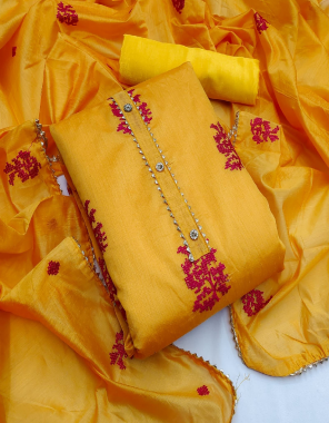 yellow top-modal chanderi silk 1.9m |bottom -santoon 2m |dupatta-chanderi dupatta work 2.10m fabric embroidery work  work wedding  
