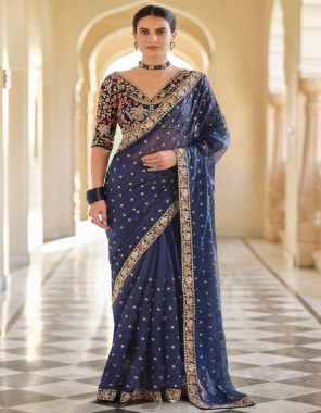 blue saree-georgette |blouse -banglori silk fabric embroidery seqeunce  work wedding 