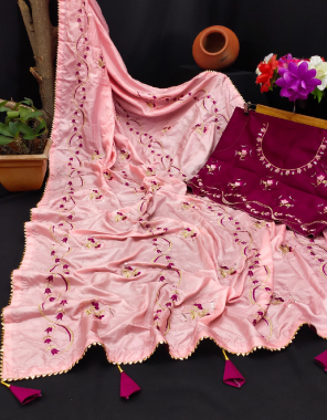 pink pure dola silk fabric embroidery work wedding  