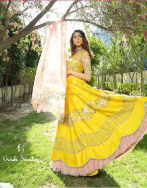 yellow lehenga-malay satin length 42 width upto 42 to 44 flair 2.60 |inner-micro silk |blouse -net with malay satin silk |dupatta -heavy butterfly net 2.40 | type -semi stitched  fabric multi needle work coding embroidery work ethnic 