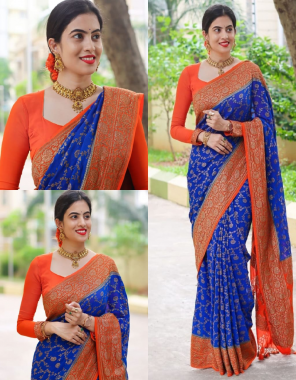 blue orange soft banarasi lichi silk fabric weaving jacqaurd  work wedding 
