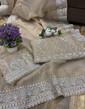 chiku saree-khadi organza silk |blouse -banglori silk fabric embroidery coding sequence lace border work ethnic 